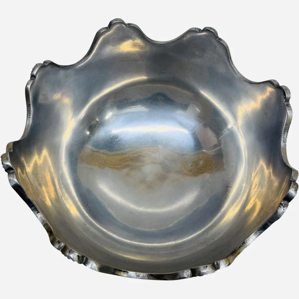 Vintage Scalloped Pedestal Bowl Silver Tone Metal Centerpiece Made in India Good
